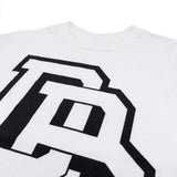 Youth premium T-shirt chest print, white fabric with black stacked letter graphic