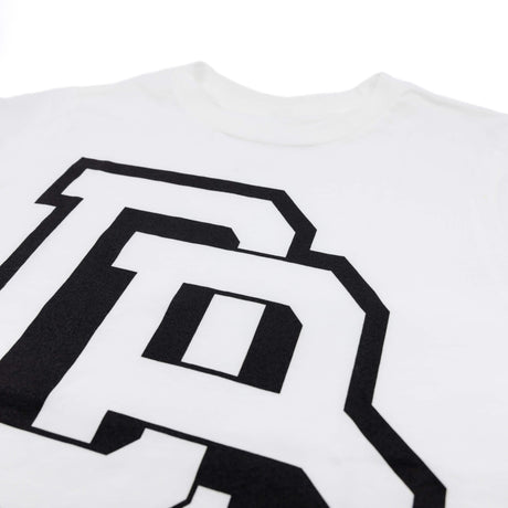 Youth premium T-shirt chest print, white fabric with black stacked letter graphic