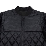 Premium jacket front with stand collar, full-zip, repeating dbk logo, and diamond quilting