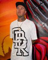 White crewneck T-shirt with black stacked logo graphic, worn by a model