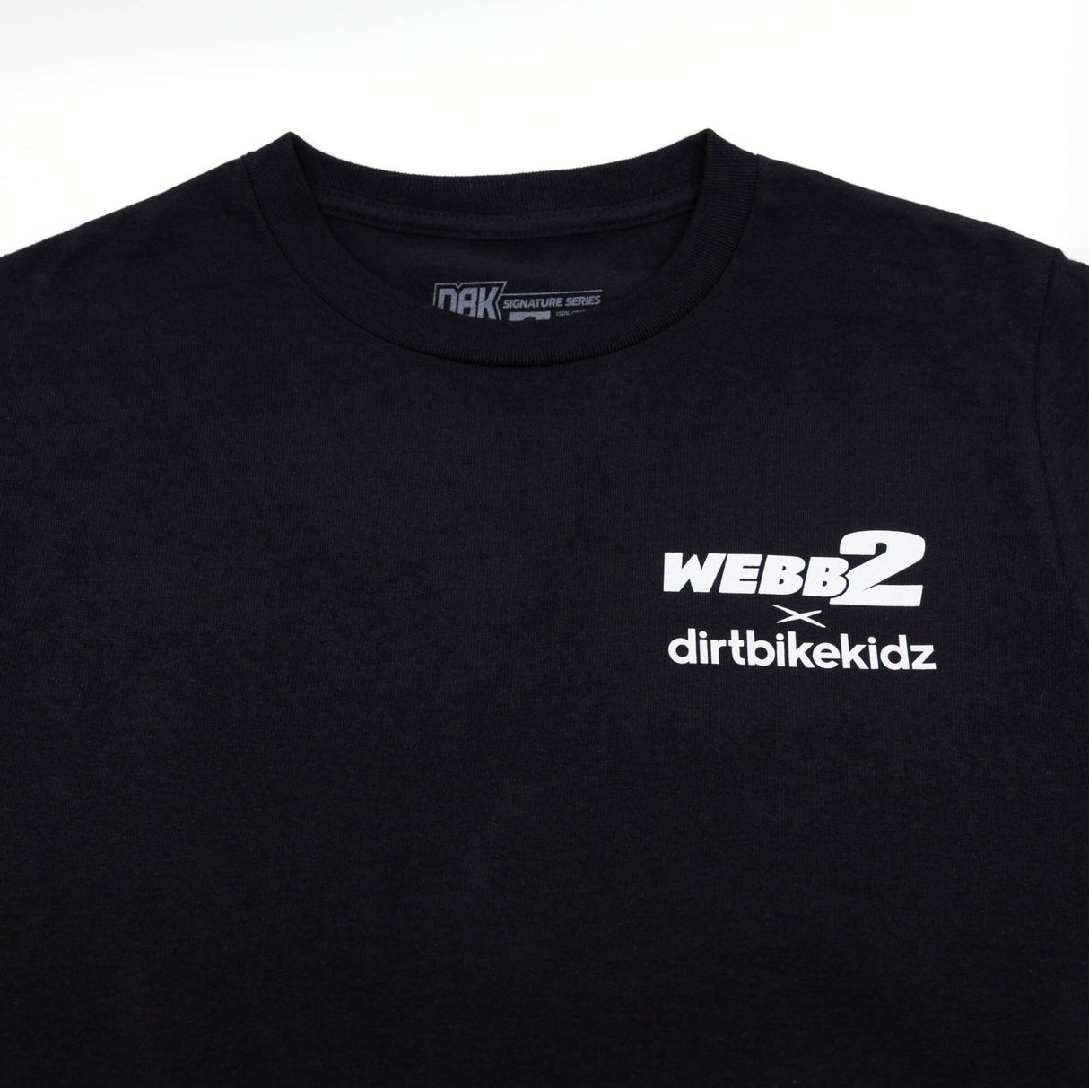 Black T-shirt front close-up with WEBB2 dirtbikekidz logo