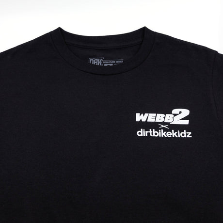 Black T-shirt front close-up with WEBB2 dirtbikekidz logo