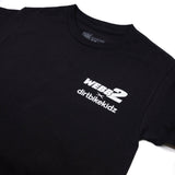 Black T-shirt close-up: crew neck label and WEBB2 dirtbikekidz logo