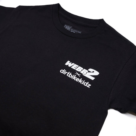 Black T-shirt close-up: crew neck label and WEBB2 dirtbikekidz logo