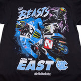 Black T-shirt close-up featuring “Beasts” motocross rider and “EAST” print
