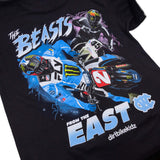 Black T-shirt close-up: “Beasts” motocross art with “EAST” text