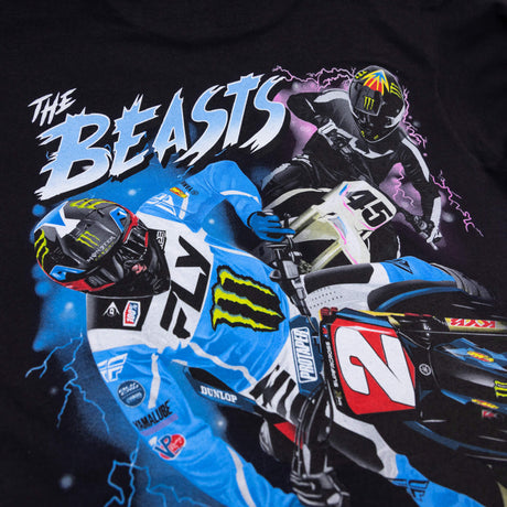 Black T-shirt close-up of “Beasts” riders and motocross bike illustration