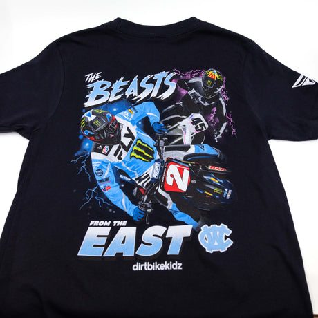 Black youth premium tee with large “Beasts” back graphic and “FROM THE EAST” text