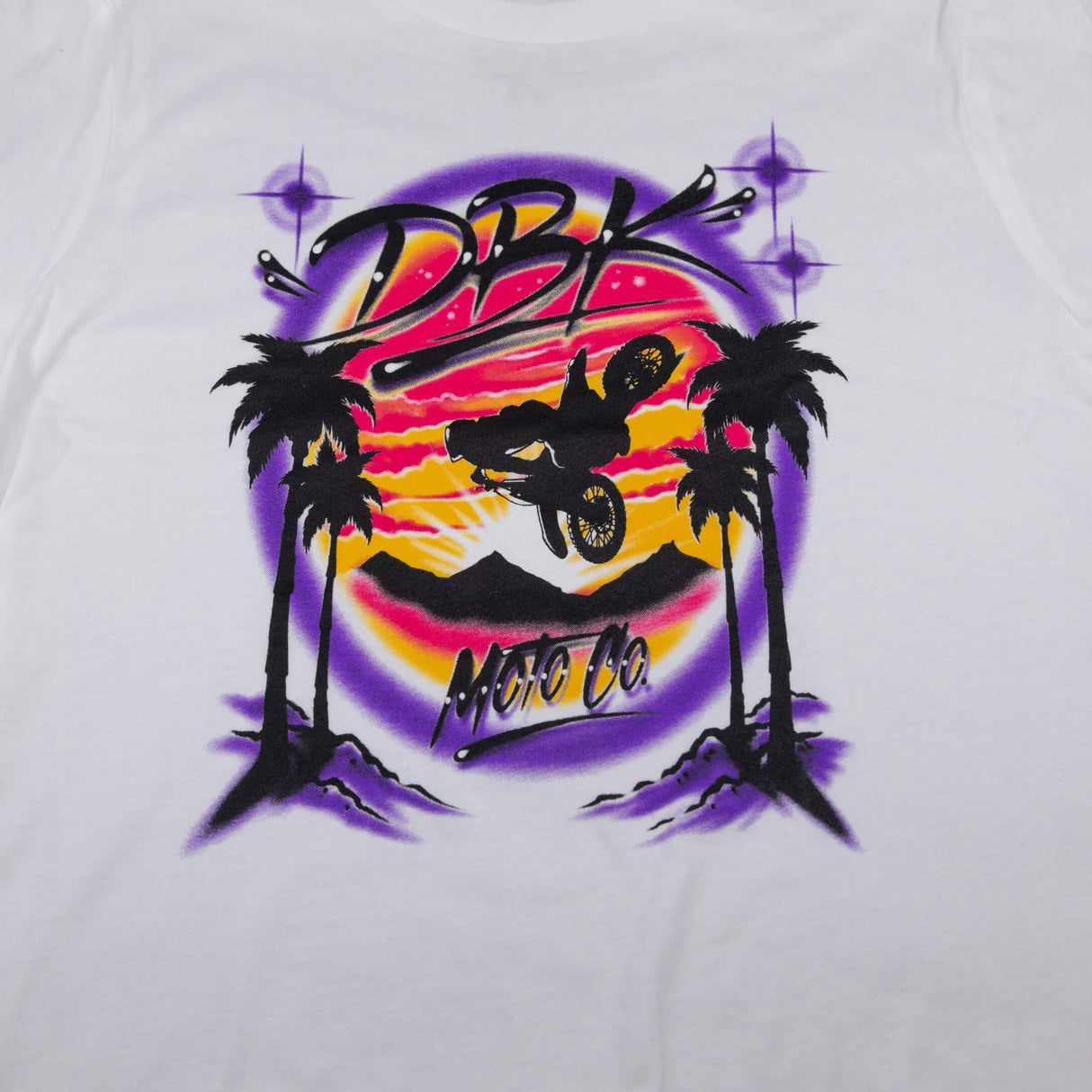 Youth girls white graphic T-shirt with centered neon motorcycle design and purple accents