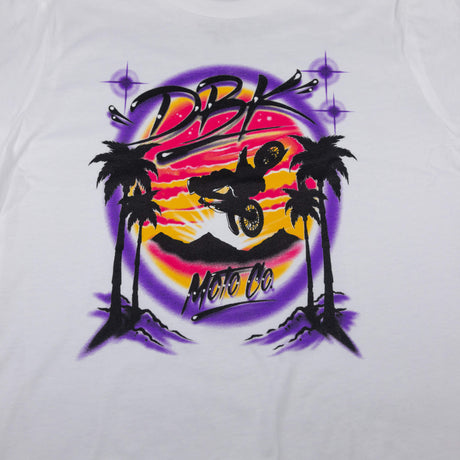 Youth girls white graphic T-shirt with centered neon motorcycle design and purple accents
