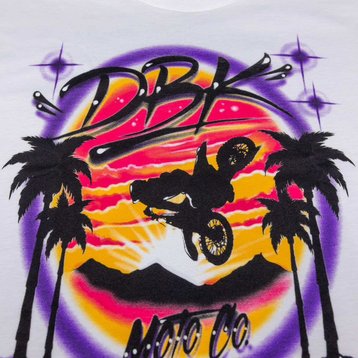 Youth girls white graphic T-shirt close-up of neon motorcycle silhouette front artwork