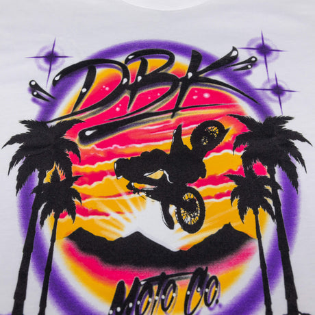 Youth girls white graphic T-shirt close-up of neon motorcycle silhouette front artwork