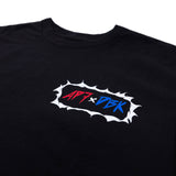 Black T-shirt close-up of chest logo reading AP7+DBK