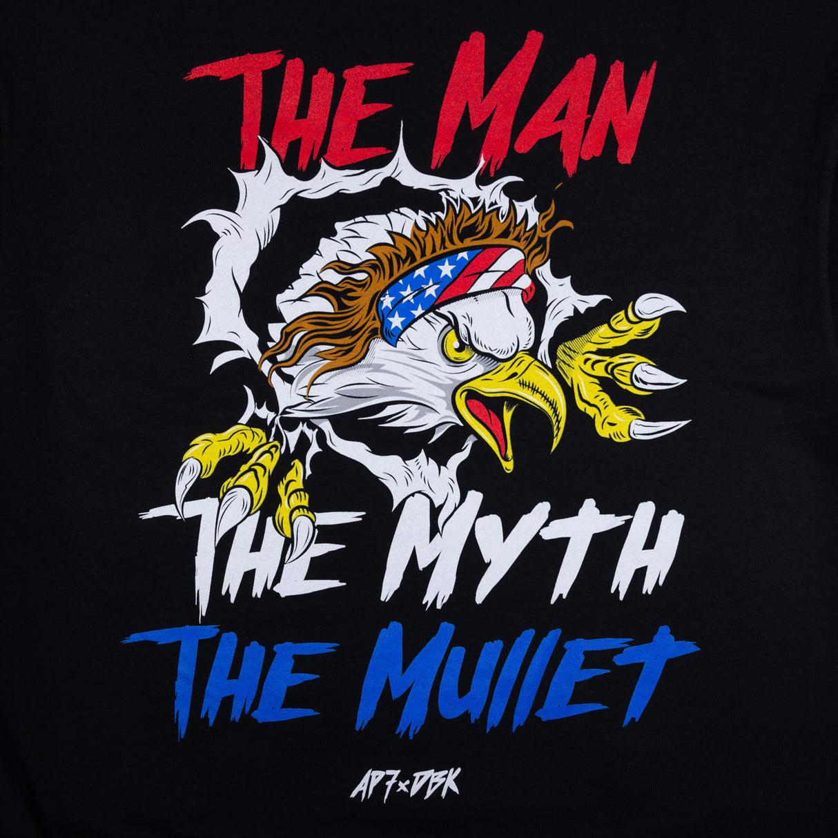 Black T-shirt close-up of back graphic: eagle face, 'THE MYTH' and 'THE MUILET'