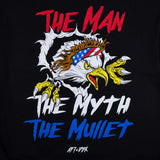 Black T-shirt close-up of back graphic: eagle face, 'THE MYTH' and 'THE MUILET'