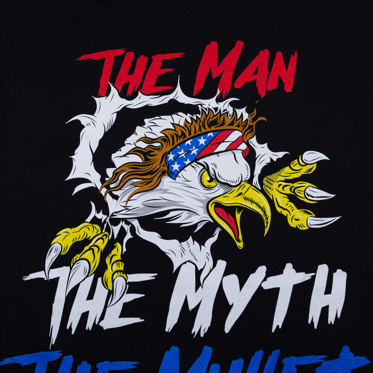 Black T-shirt close-up of back eagle graphic with 'THE MAN' and 'THE MYTH' text