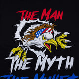 Black T-shirt close-up of back eagle graphic with 'THE MAN' and 'THE MYTH' text
