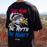 Black crew-neck T-shirt with large back eagle graphic and 'THE MYTH THE MUILET' text