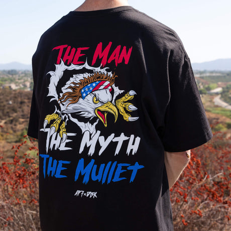 Black crew-neck T-shirt with large back eagle graphic and 'THE MYTH THE MUILET' text