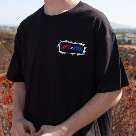 Black crew-neck T-shirt with small chest AP7+DBK logo