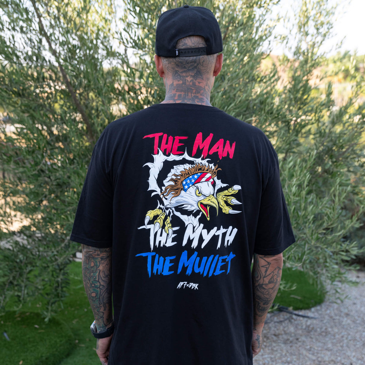 Black crew-neck T-shirt with large back eagle graphic and 'THE MYTH THE MUILET' text