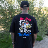 Black crew-neck T-shirt with large back eagle graphic and 'THE MYTH THE MUILET' text