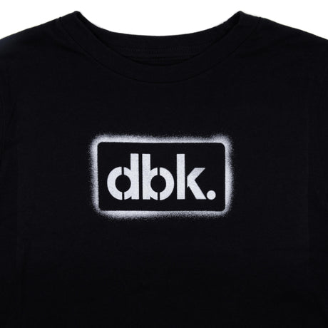 Youth black T-shirt close-up of front dbk. logo graphic