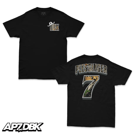 Black T-shirt with DBK chest graphic, small AP7 hat logo