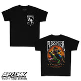 Black youth T-shirt with front and back graphic of cowboy and crocodile.