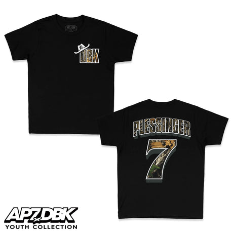 Black youth premium tee with DBK chest graphic and small hat logo