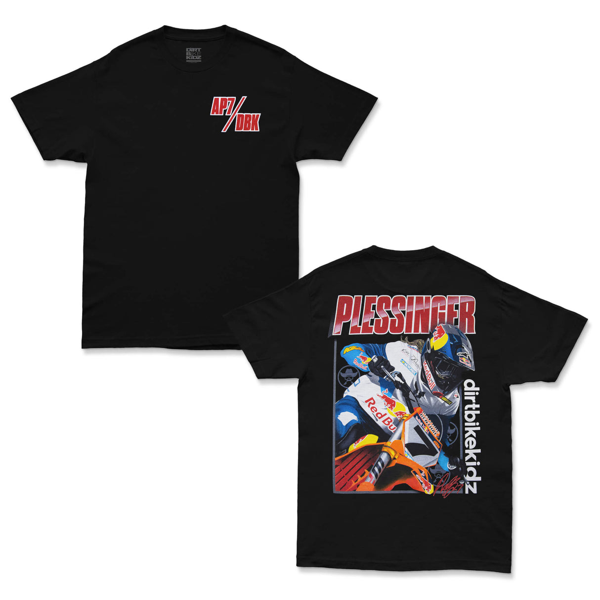 Black Holeshot AP7 tees set; one with small AP7/DBK chest logo, one with PLESSINGFER back graphic