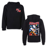 Youth black hoodie with front pocket and small chest logo graphic