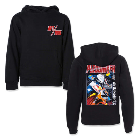 Youth black hoodie with front pocket and small chest logo graphic