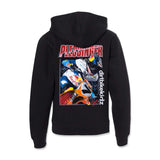 Youth black hoodie back view with large Pliessinger racing graphic
