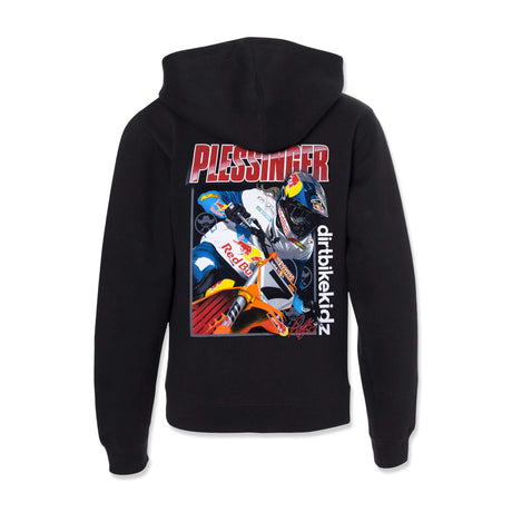 Youth black hoodie back view with large Pliessinger racing graphic