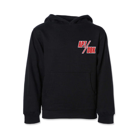 Youth black hoodie back view with small AP7/DBK logo