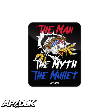 Black square sticker with eagle graphic and 'THE MAN' and 'THE MYTH' lettering