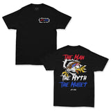 Black crew-neck graphic T-shirt with small front logo patch