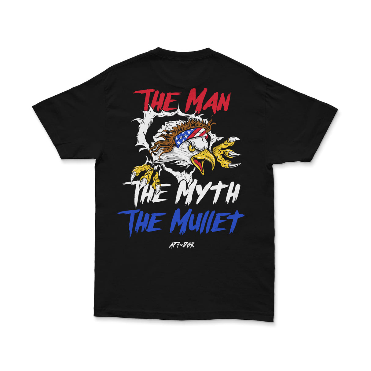 Black crew-neck T-shirt with large back illustration and 'THE MYTH THE MUILET' lettering