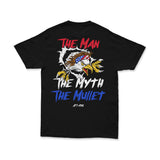Black crew-neck T-shirt with large back illustration and 'THE MYTH THE MUILET' lettering