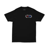 Black crew-neck T-shirt with small chest emblem reading AP7+DBK