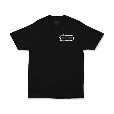 Black crew-neck T-shirt with small chest emblem reading AP7+DBK