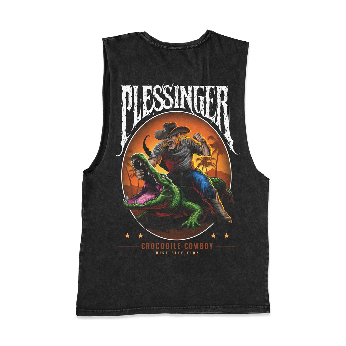 Croc Cowboy tank top, black sleeveless shirt with circular cowboy and crocodile illustration