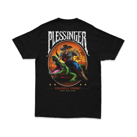Black T-shirt with full back Pleasinger logo, Crocodile Cowboy text, and stars
