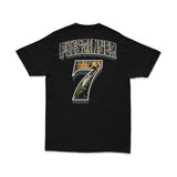 Black T-shirt with Plessinger 7 back graphic