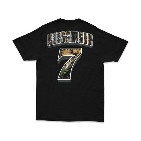 Black T-shirt with Plessinger 7 back graphic