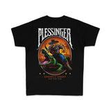 Black youth T-shirt back view with large circular cowboy-and-crocodile illustration.
