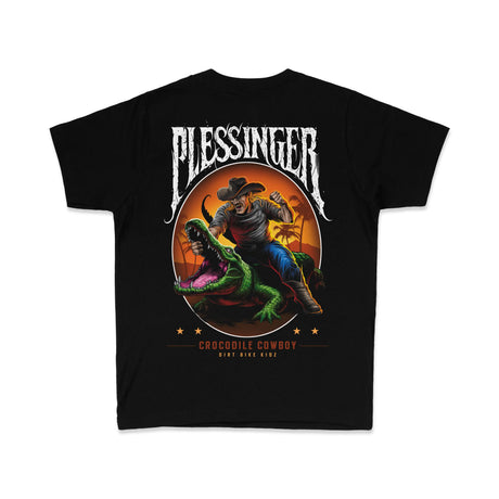 Black youth T-shirt back view with large circular cowboy-and-crocodile illustration.
