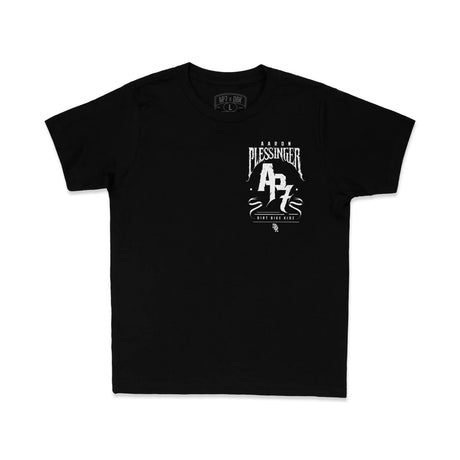 Black youth T-shirt front with small chest logo and “Aaron Blessinger” style emblem.
