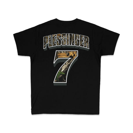 Black youth premium tee with PLESSINGER 7 large back graphic